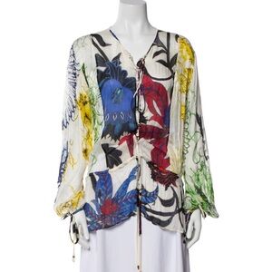 Roberto Cavalli Cream Multicolor Floral Tie-Front Blouse